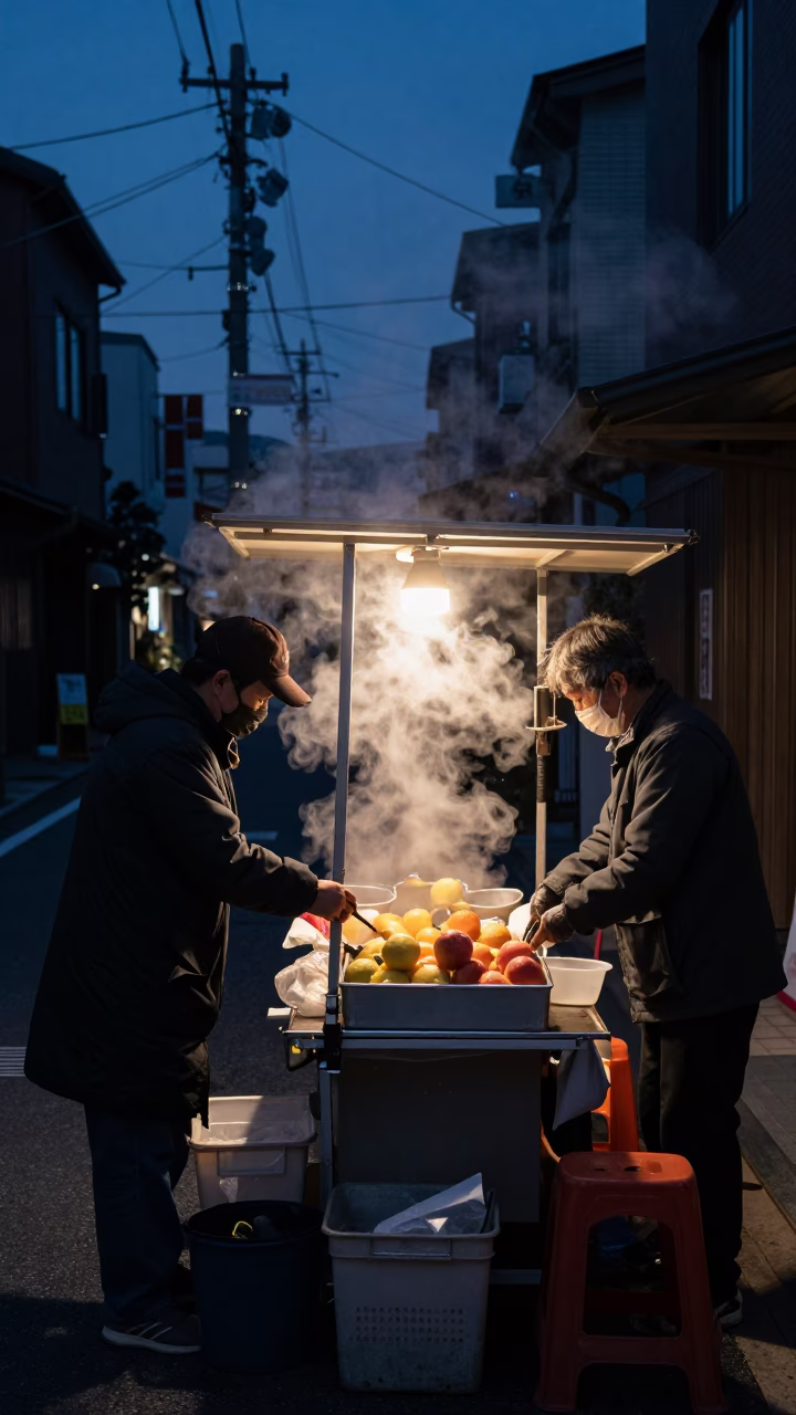 Predawn Fukuoka Street Scene with Steam Hinge and Fruit Crate in in Fukuoka, Japan