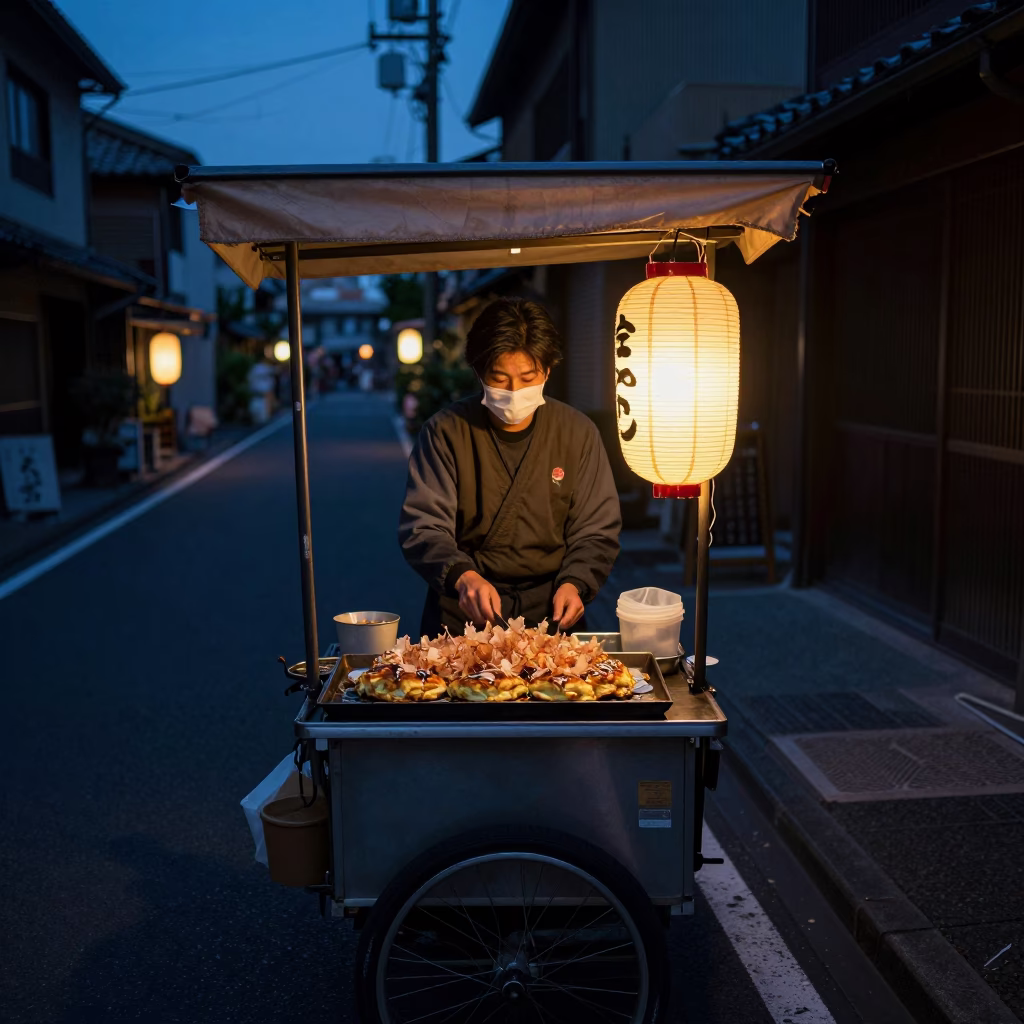 Predawn Fukuoka Street Scene with Vendor and Lanterns in in Fukuoka, Japan