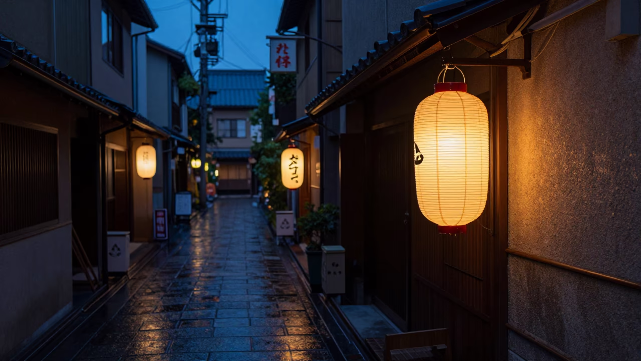 Predawn Fukuoka Street Scene with Vintage Lantern and Early Morning Vendors in in Fukuoka, Japan