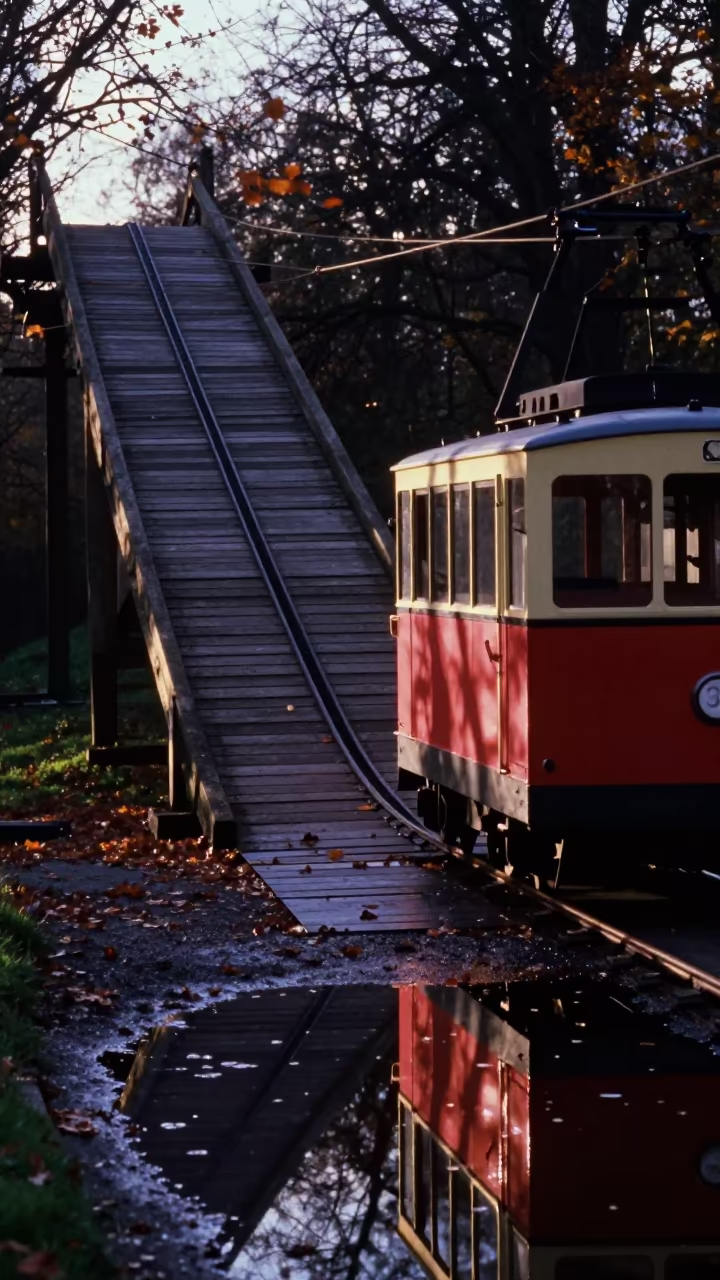 Predawn Funicular Car Yorkshire Ferry Crossing in across a remote ferry crossing in Yorkshire