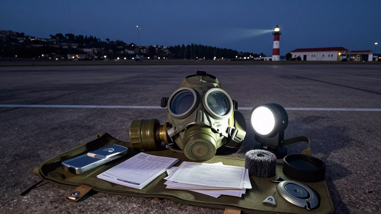 Predawn Gas Mask Pouch Under Lighthouse Light in along an airbase flight line in Monaco