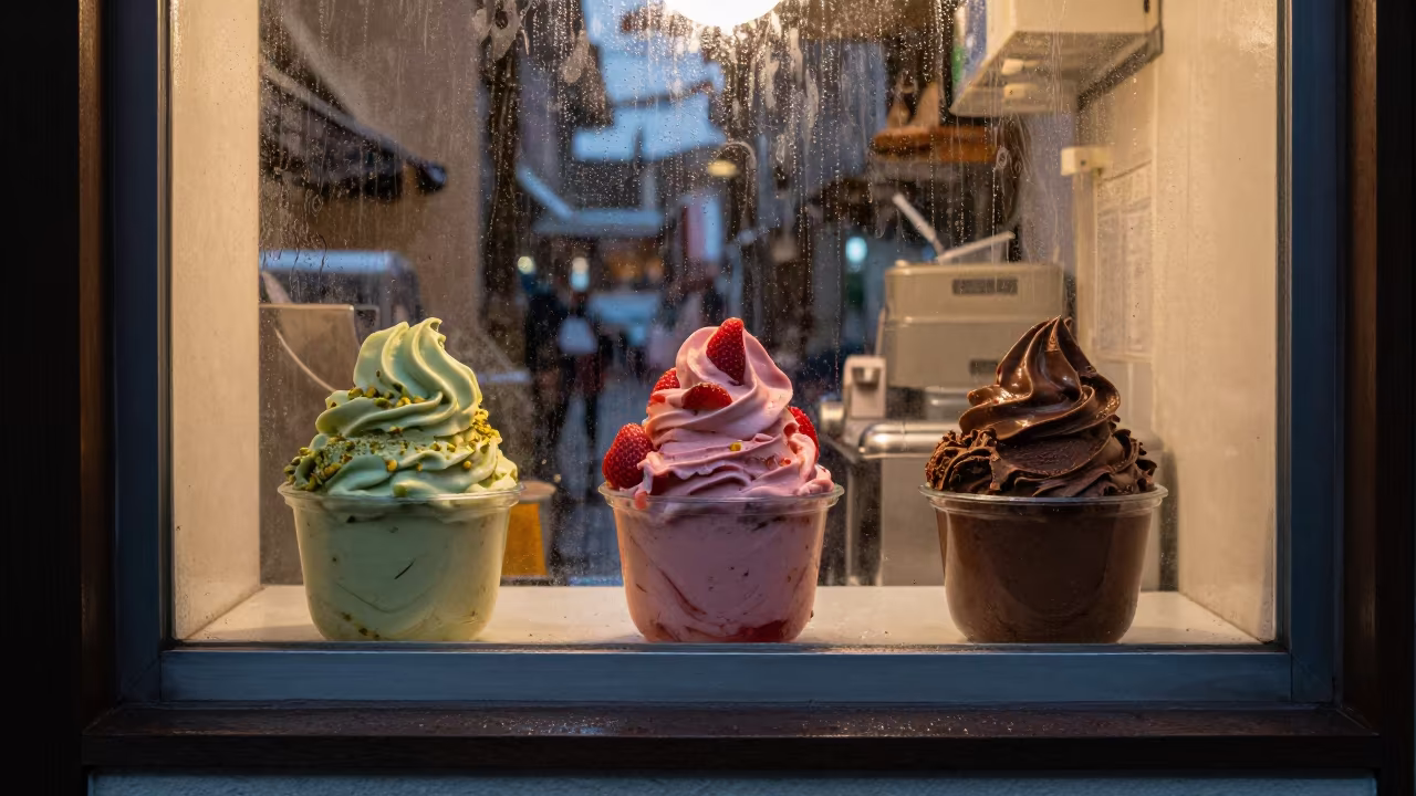 Predawn Gelato Display in Ulsan Shop Window in outside a shop window after rain in Ulsan