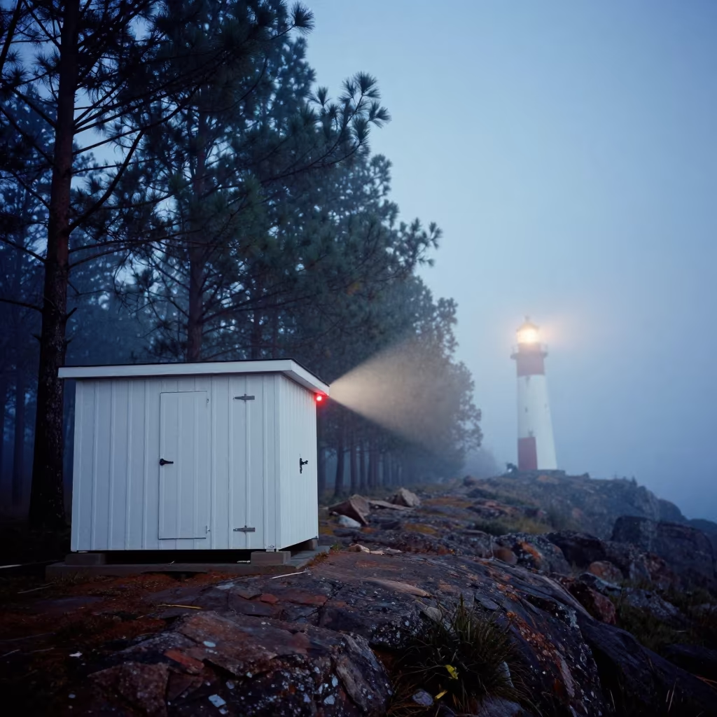 Predawn Generator Shed Light Sweeps Malawi Outcrop in along a rocky geology outcrop in Malawi