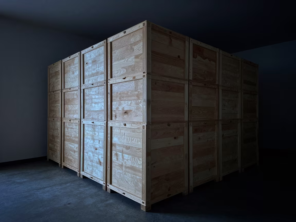 Predawn Geometric Shipping Crates Skylit in inside a skylit passageway in Okara