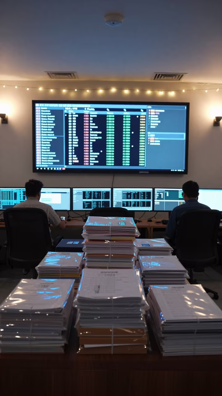 Predawn Gift Table in Amritsar Operations Center in in an operations center under monitor glow in Amritsar