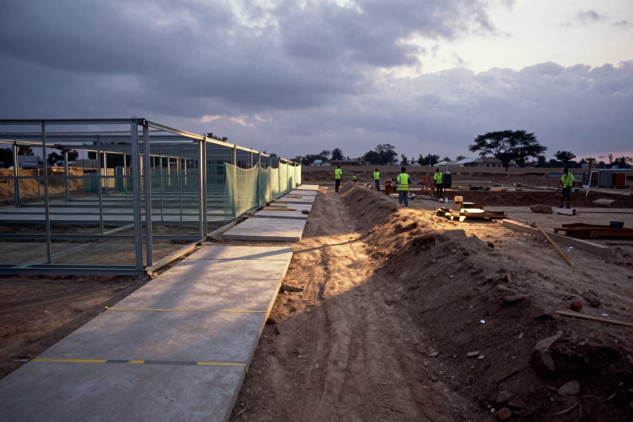 Predawn Glazing Installation Under Overcast Shadows in inside a taped-off excavation edge near Kumba