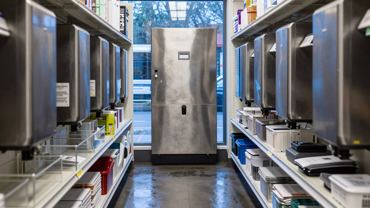 Predawn Glove Dispenser in Wet Store Aisle in inside a bright retail aisle near Bordj Bou Arreridj