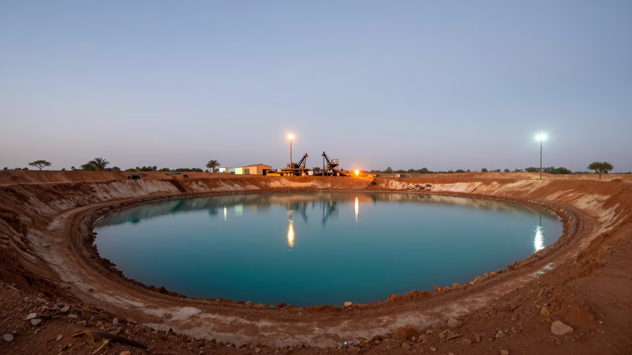 Predawn Gold Mine Tailings Pond Reflecting Turquoise Chemicals in across an active works site in Somalia