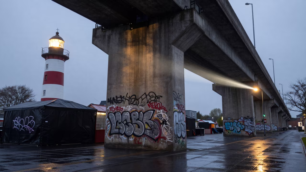 Predawn Graffiti on Galway Overpass Column in along a market-lined side street in Galway