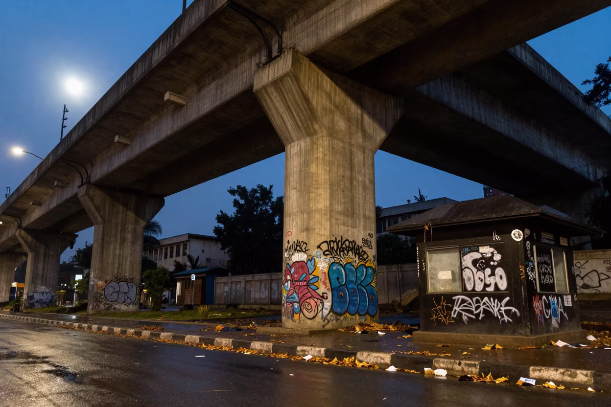 Predawn Graffiti on Addis Ababa Overpass Column in by a rain-darkened kiosk in Addis Ababa