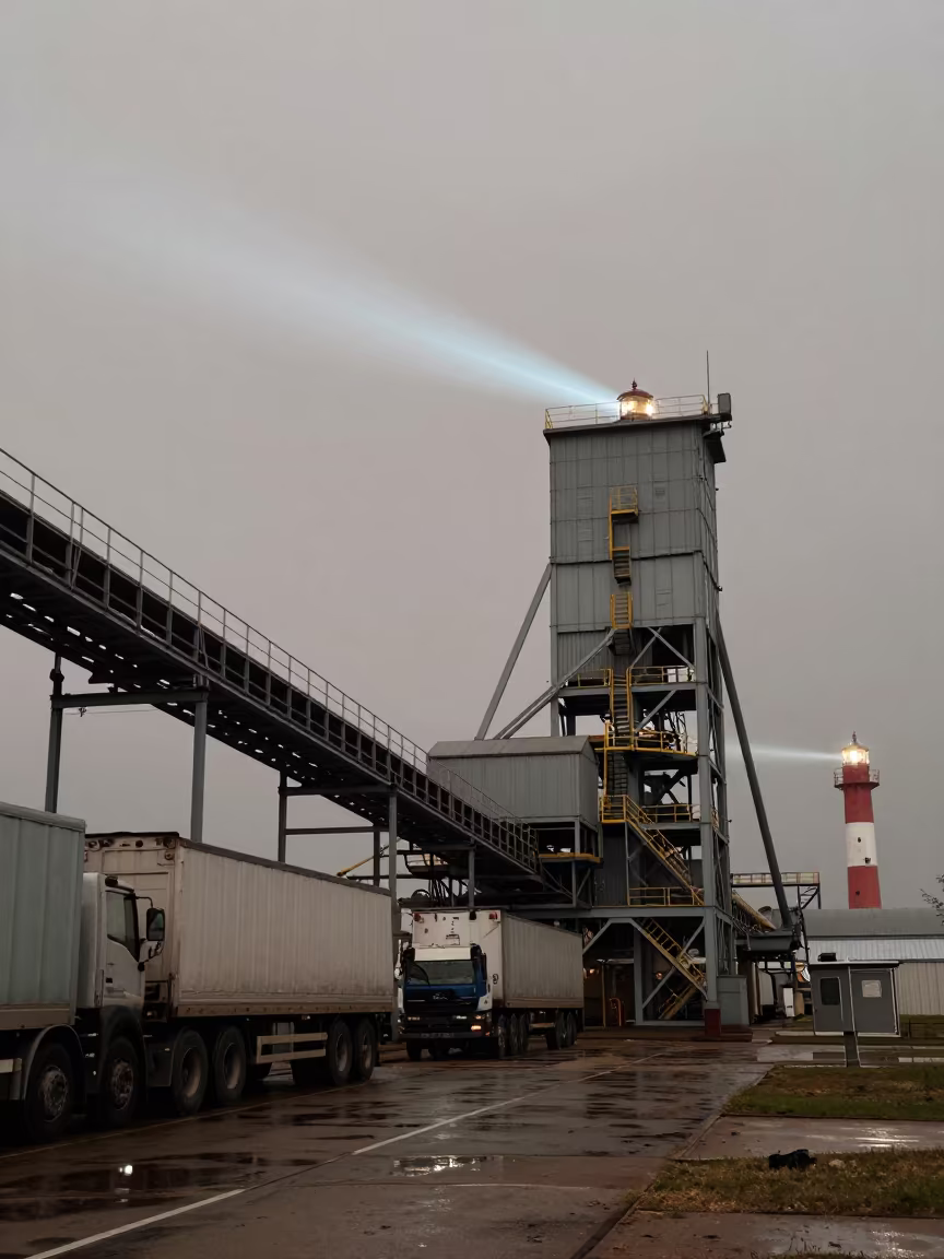 Predawn Grain Elevator Bridge Over Amazon Trucks in under gantries and utility towers in the Amazon