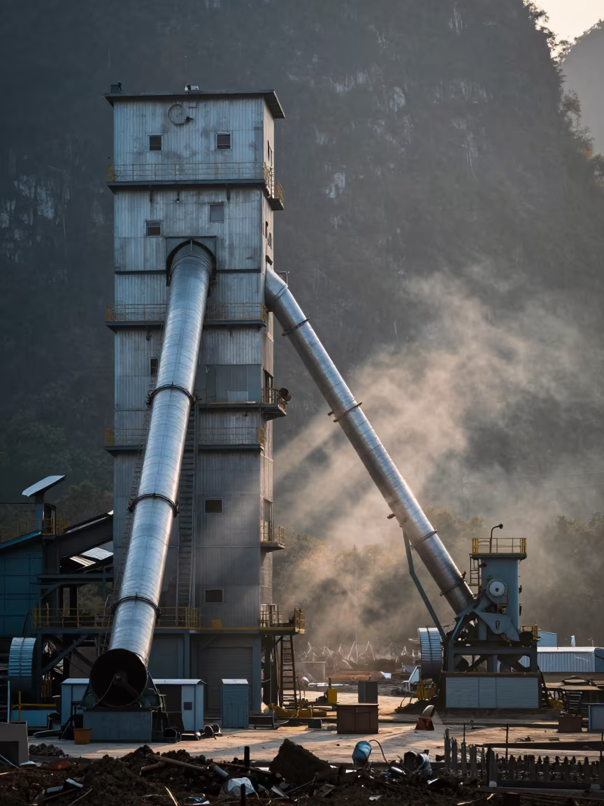 Predawn Grain Elevator Silvery Light Yangshuo in across an active works site near Yangshuo