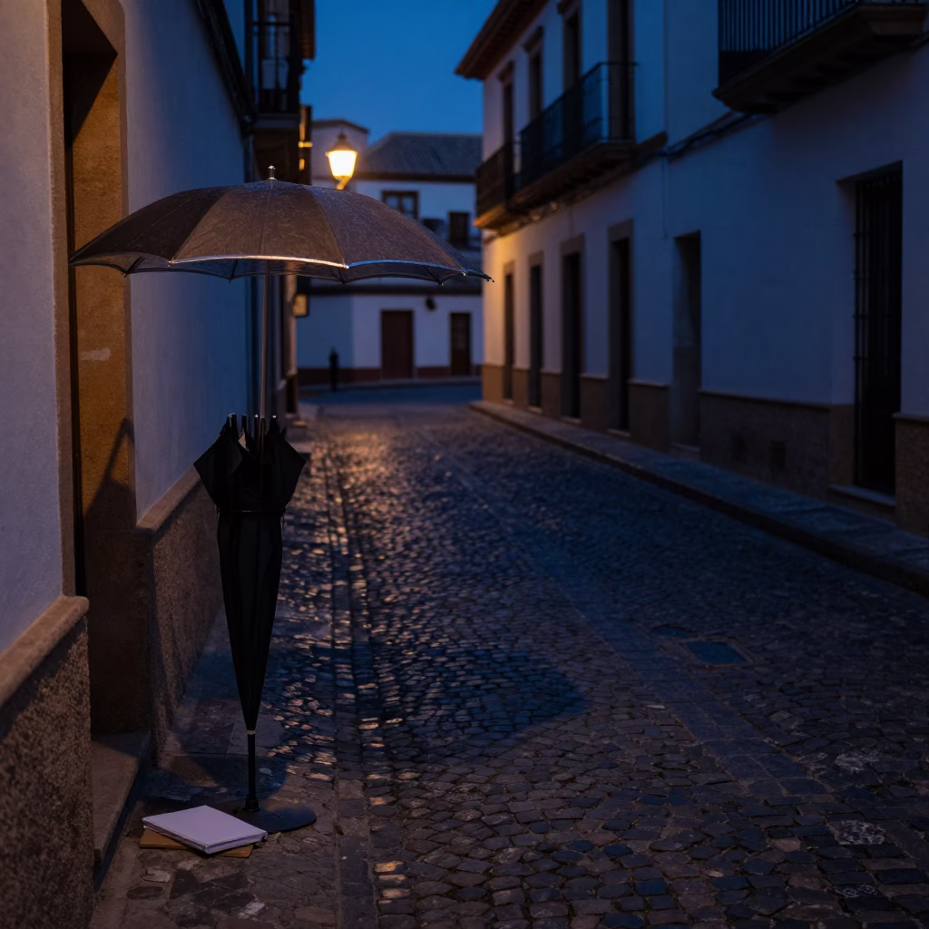 Predawn Granada Spain Cobblestone Street with Umbrella Stand and Notebook in in Granada, Spain