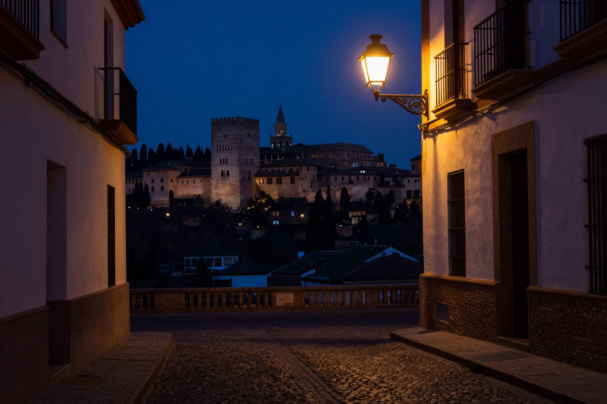 Predawn Granada Spain Street Scene with Cobblestones and Alhambra Silhouette in in Granada, Spain