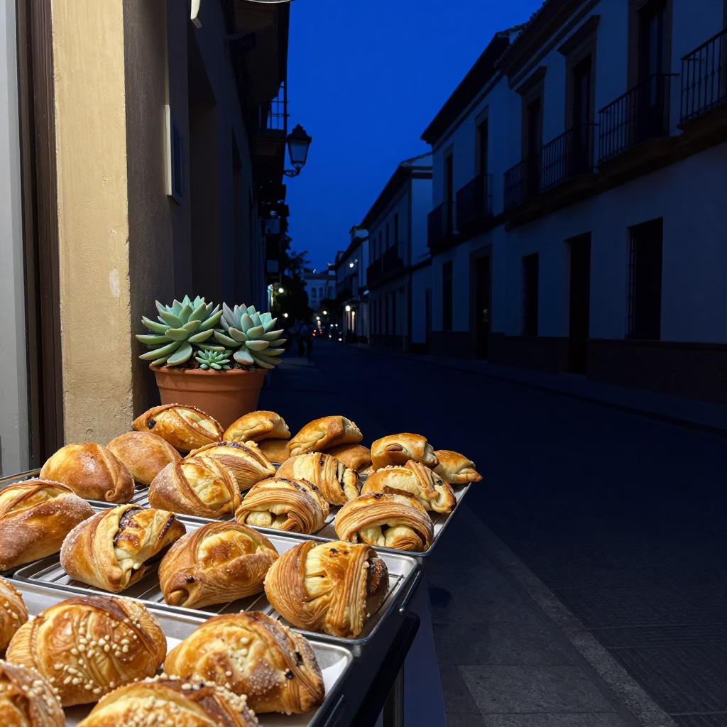 Predawn Granada Spain Street Scene with Pastries and Succulents in in Granada, Spain