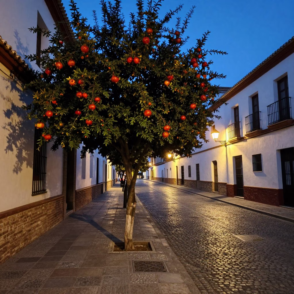 Predawn Granada Spain street scene with pomegranate tree and split fruit in in Granada, Spain