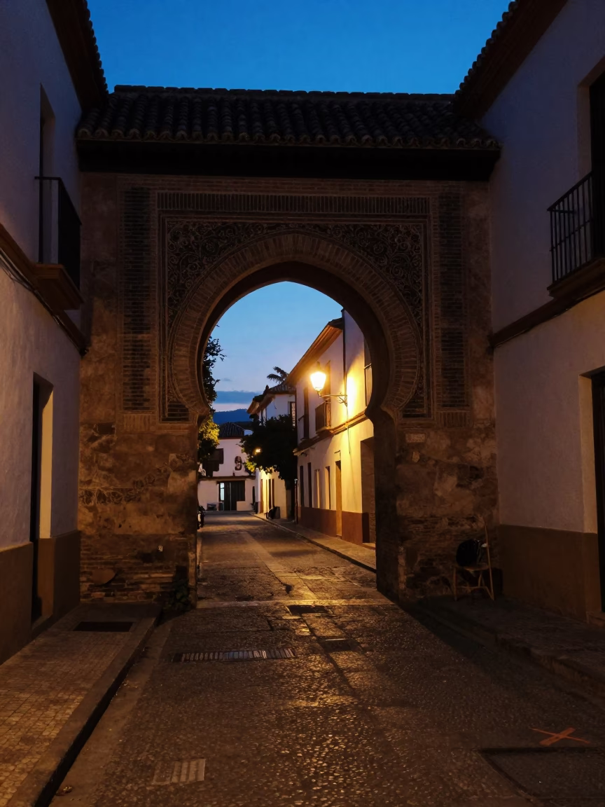 Predawn Granada Spain street scene with shadowed arches and empty cobblestone plaza in in Granada, Spain