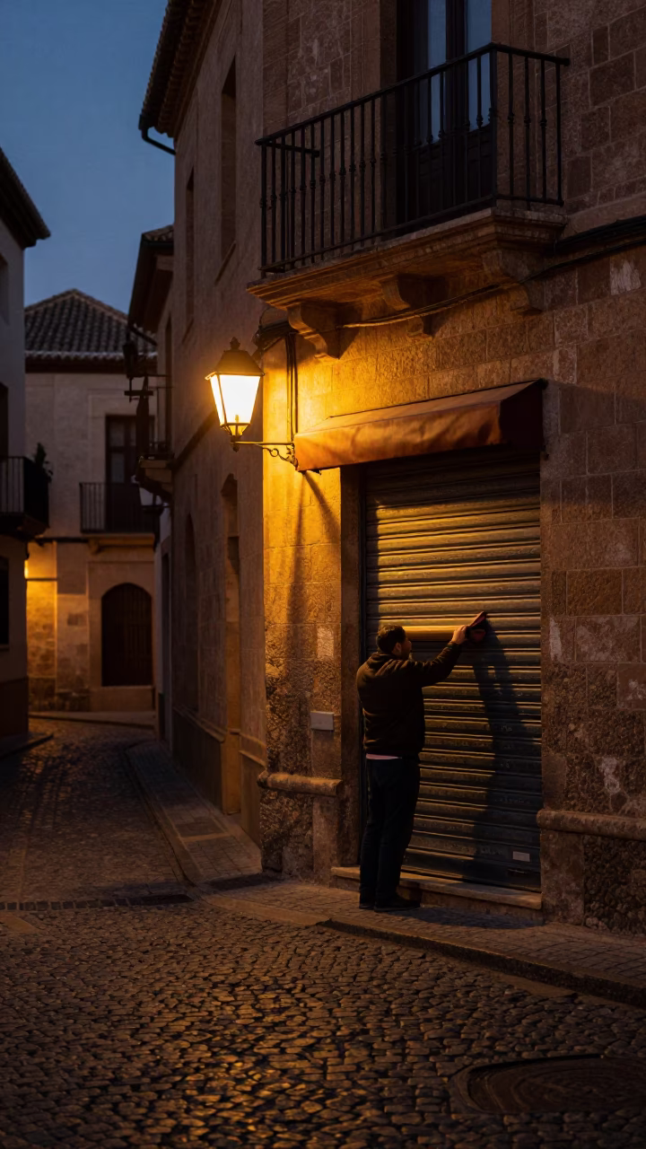 Predawn Granada Spain Street Scene with Stone Architecture and Early Morning Activity in in Granada, Spain