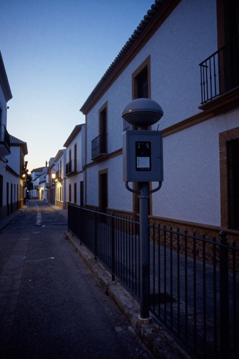 Predawn Granada Spain Street Scene with Substation Fence and Morning Light in in Granada, Spain