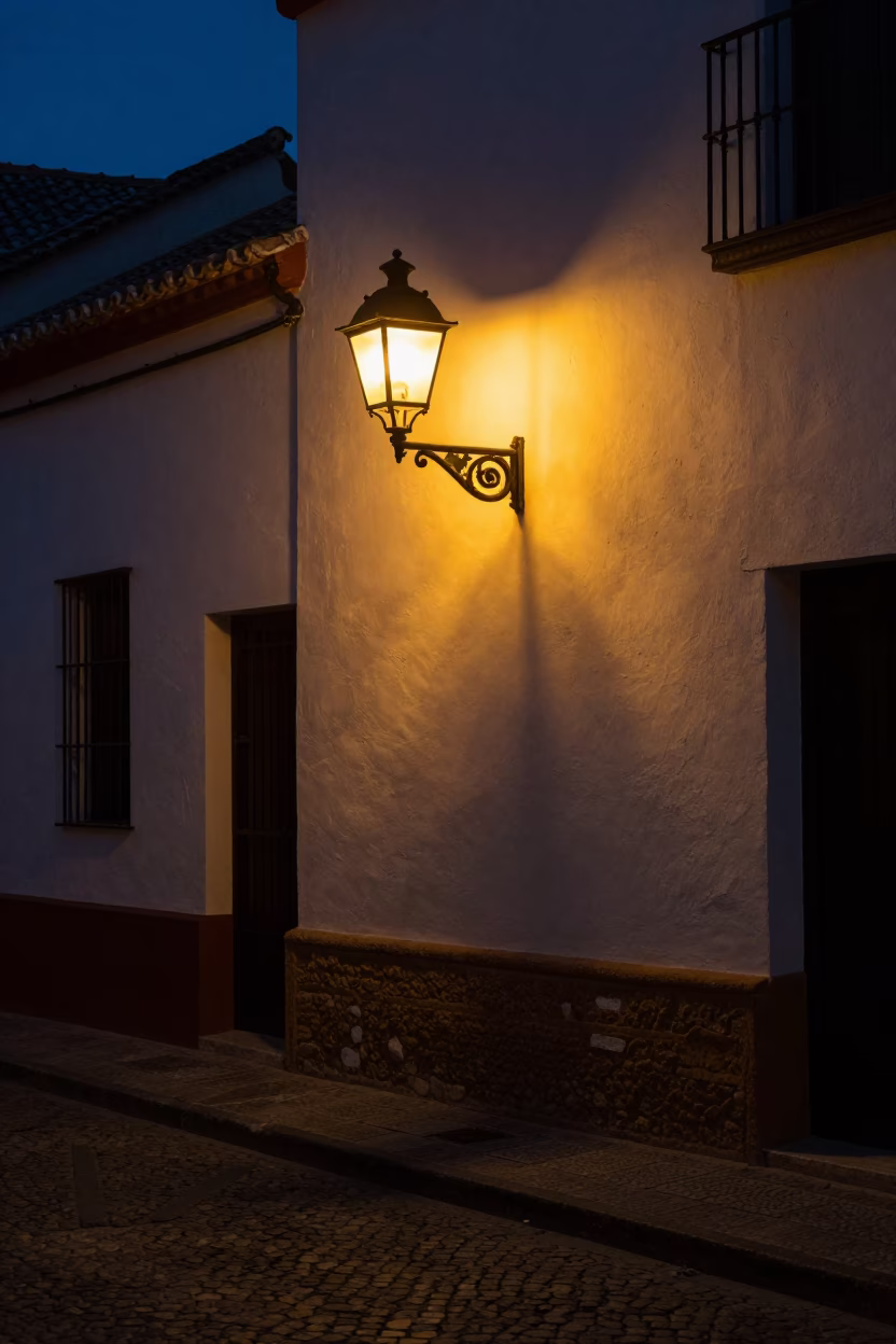 Predawn Granada Spain street scene with wall sconce and quiet alleyway in in Granada, Spain