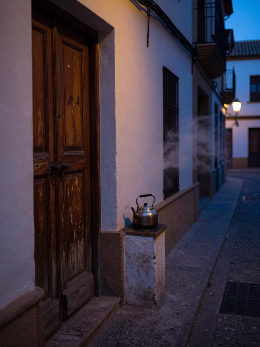 Predawn Granada Street Scene with Latch Detail and Kettle in in Granada, Spain
