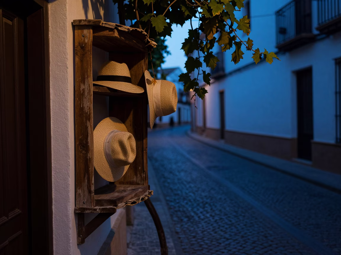 Predawn Granada Street Scene with Sun Hats and Vine Details in in Granada, Spain