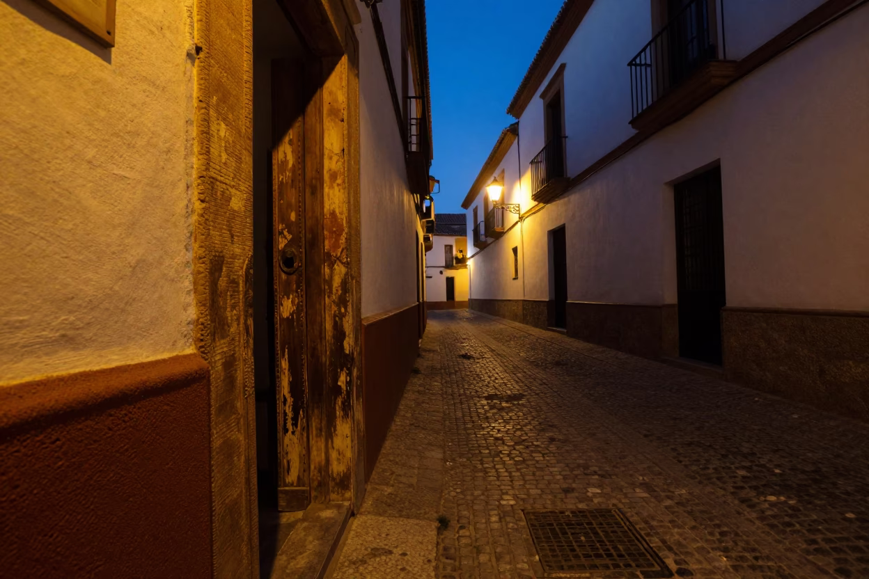 Predawn Granada Street Scene with Weathered Doorframe and Local Hand Tool in in Granada, Spain