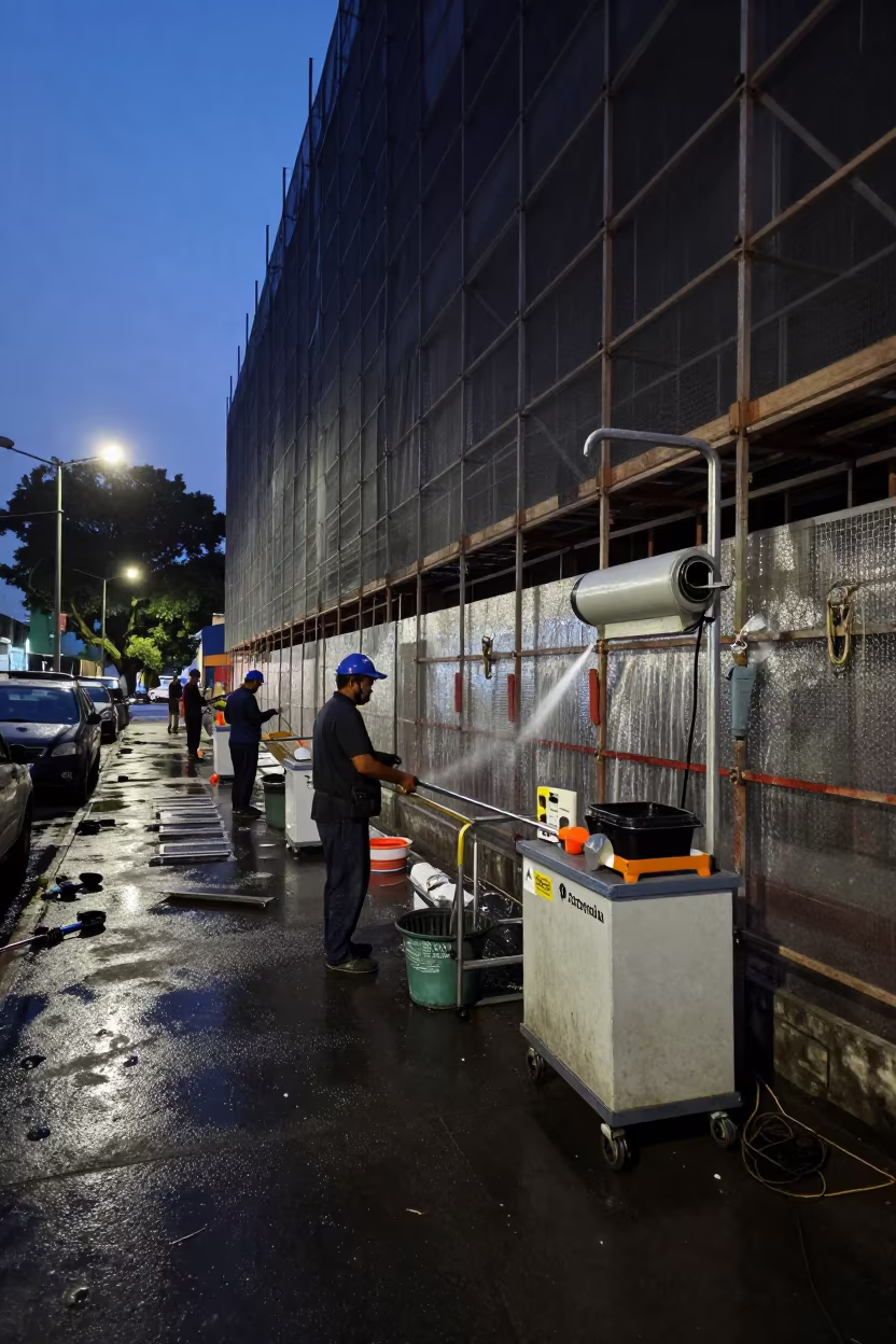 Predawn grout wash station Mexico City scaffold in along a scaffolded facade near Mexico City