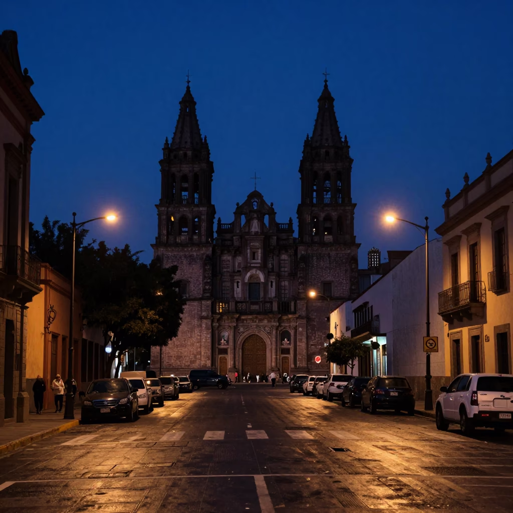 Predawn Guadalajara Mexico Cityscape and Street Life Before Sunrise in in Guadalajara, Mexico
