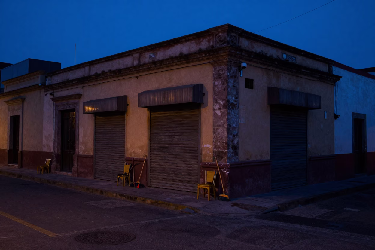 Predawn Guadalajara Mexico Street Scene with Brooms and Chairs Outside Closed Shop in in Guadalajara, Mexico