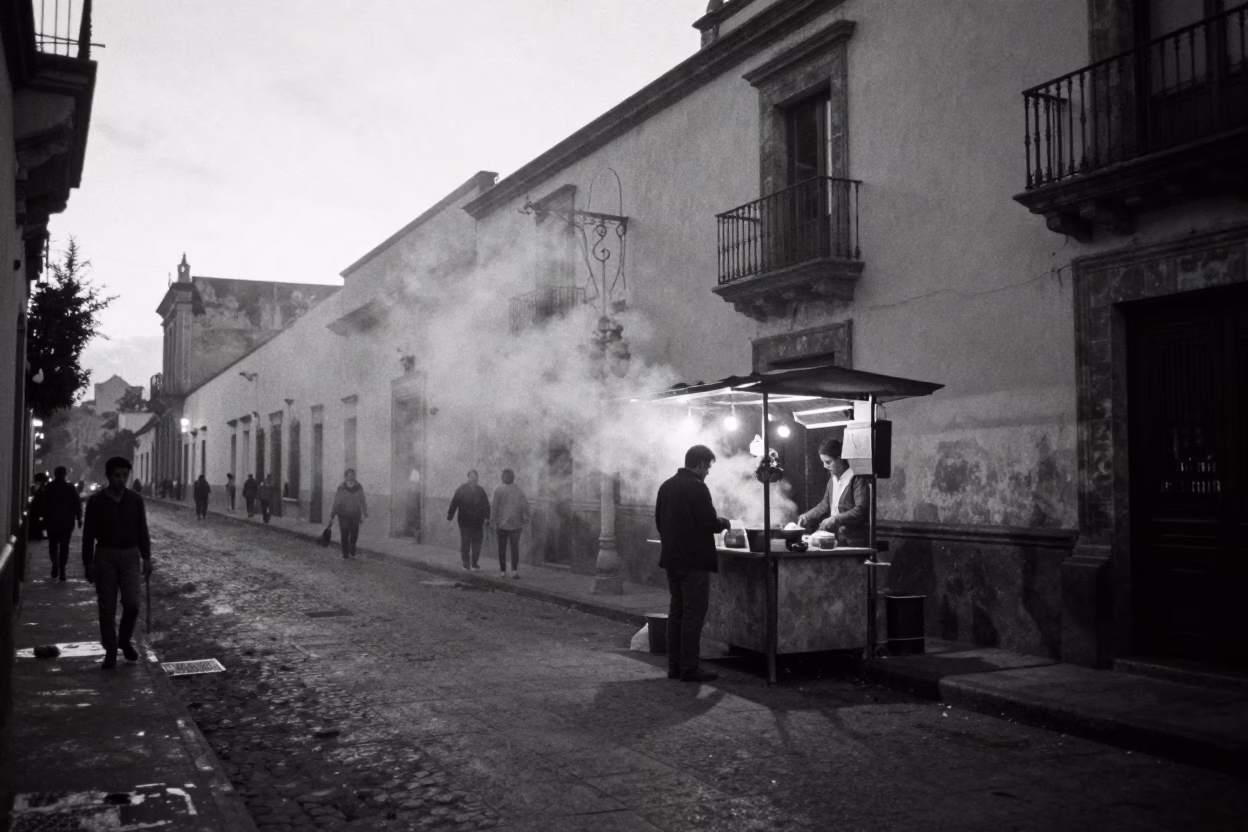 Predawn Guadalajara Mexico Street Scene with Steam Haze and Local Market Activity in in Guadalajara, Mexico