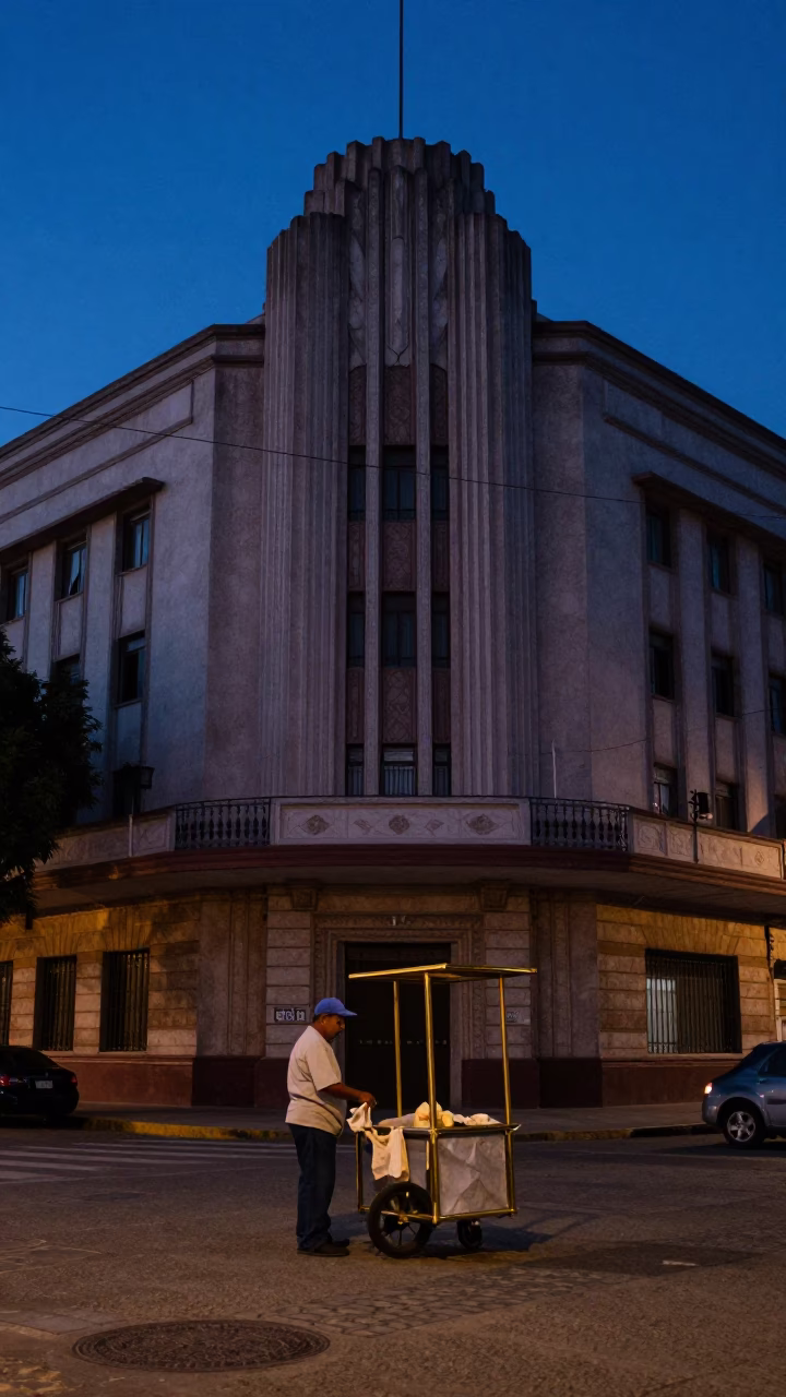 Predawn Guadalajara Street Scene with Art Deco Hotel Facade and Coffee Vendor in in Guadalajara, Mexico