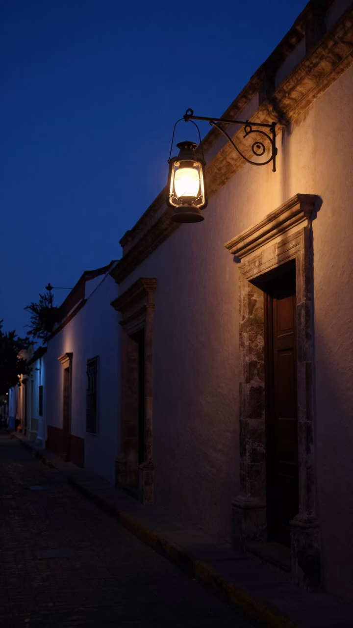 Predawn Guadalajara Street Scene with Oil Lamp and Door Handle in in Guadalajara, Mexico
