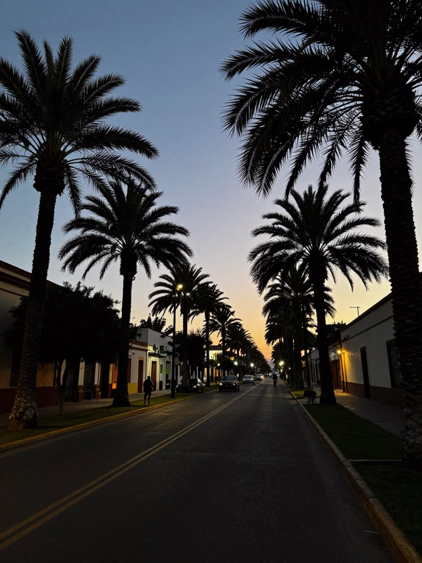 Predawn Guadalajara Street Scene with Palm Trees and Early Morning Market Activity in in Guadalajara, Mexico