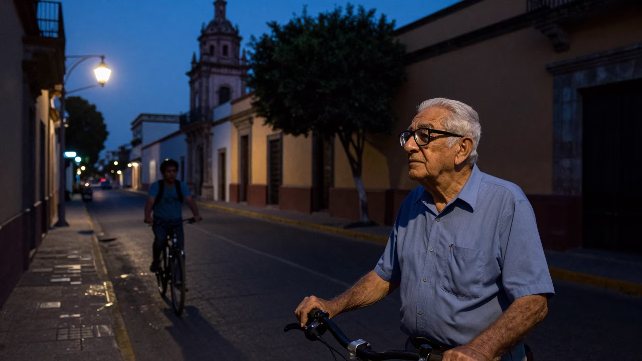 Predawn Guadalajara Street Scene with Retired Astronomer and Cyclist in 1950s Mexico in in Guadalajara, Mexico