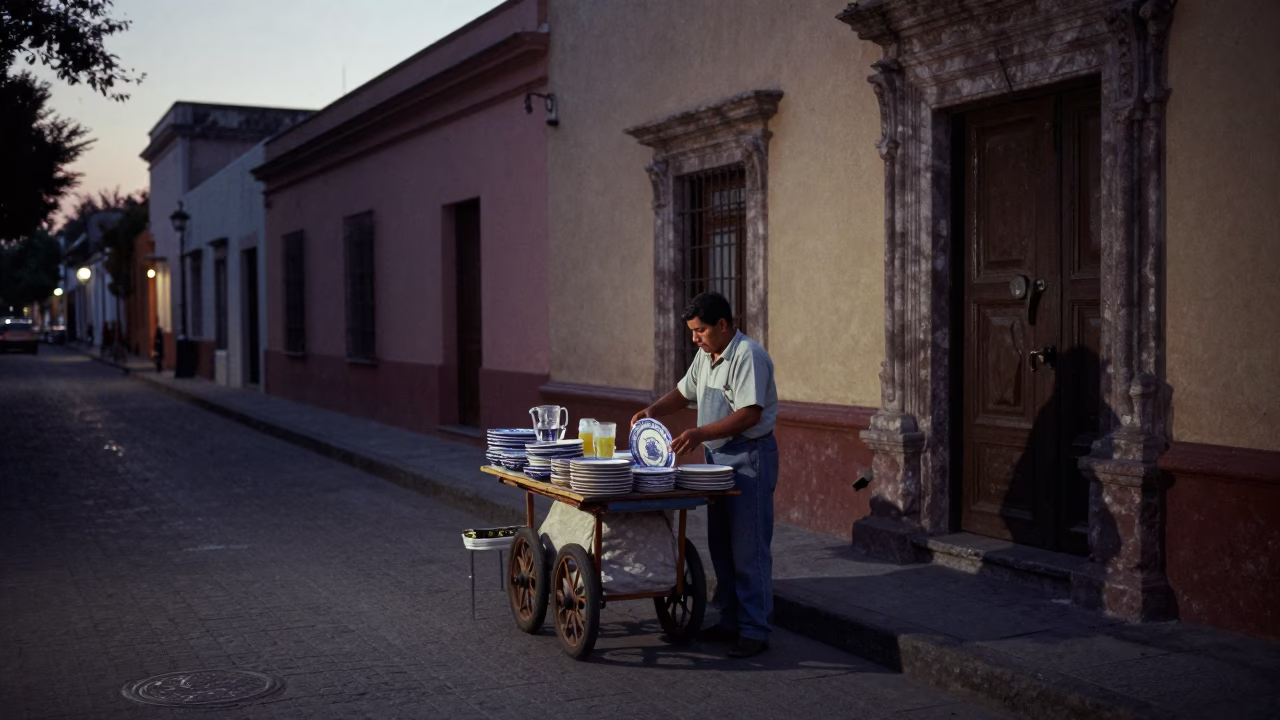 Predawn Guadalajara Street Scene with Vendor Wares and Urban Textures in in Guadalajara, Mexico