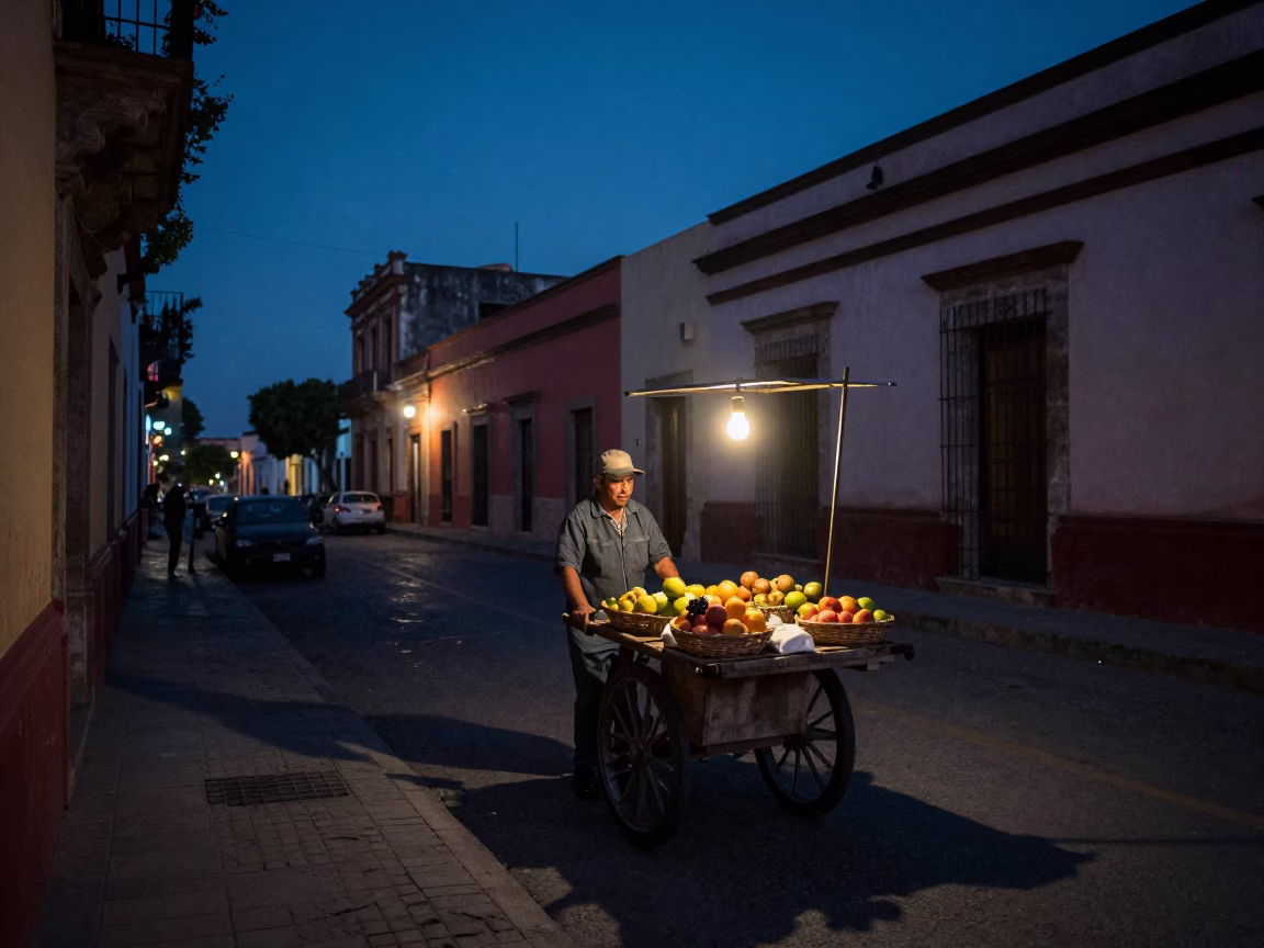 Predawn Guadalajara Street Scene with Vintage 1960s Aesthetic and Local Morning Market Activity in in Guadalajara, Mexico