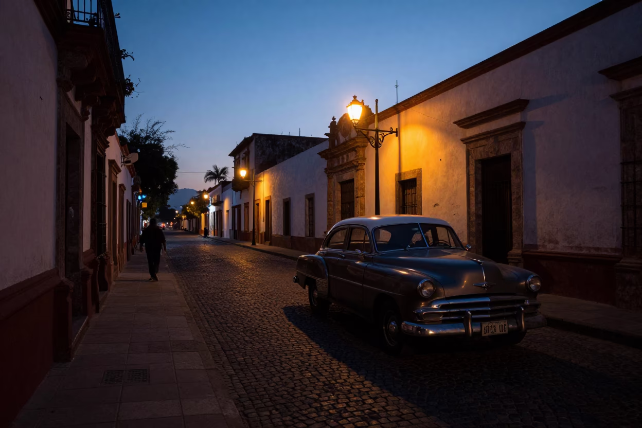 Predawn Guadalajara Street Scene with Vintage Car and Local Commerce in in Guadalajara, Mexico