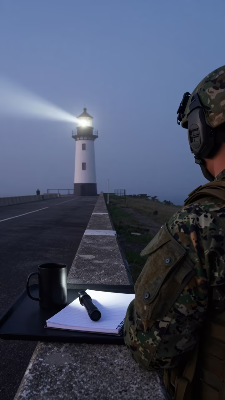 Predawn Guard Post Shelf Swept by Light in along an airbase flight line in Dominican Republic