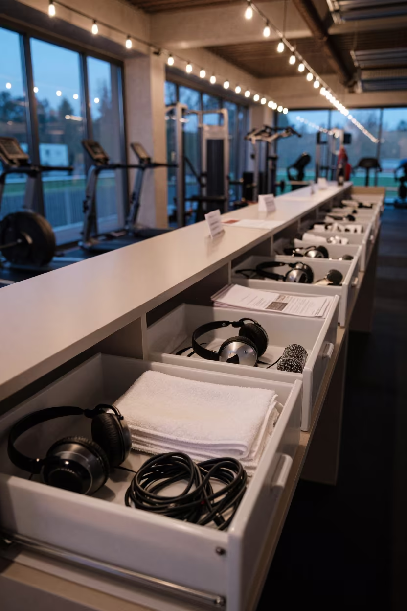 Predawn Gym Mic Drawer with Towels and Gear in at a gym check-in desk near Hanover