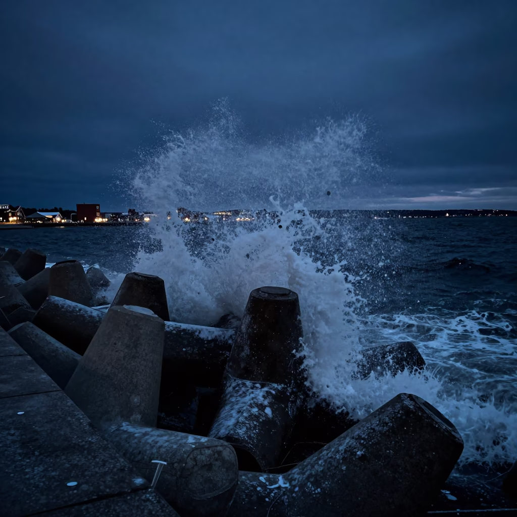 Predawn Halifax Harbor Breakwater Tetrapods with Spray in Winter Darkness in in Halifax, Nova Scotia, Canada