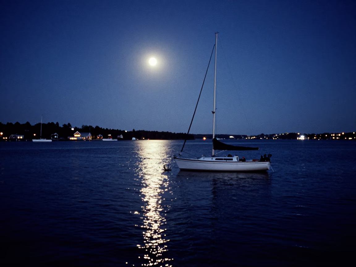 Predawn Halifax Harbor Sailboat Anchor Moonlight Reflection Waterfront in in Halifax, Nova Scotia, Canada