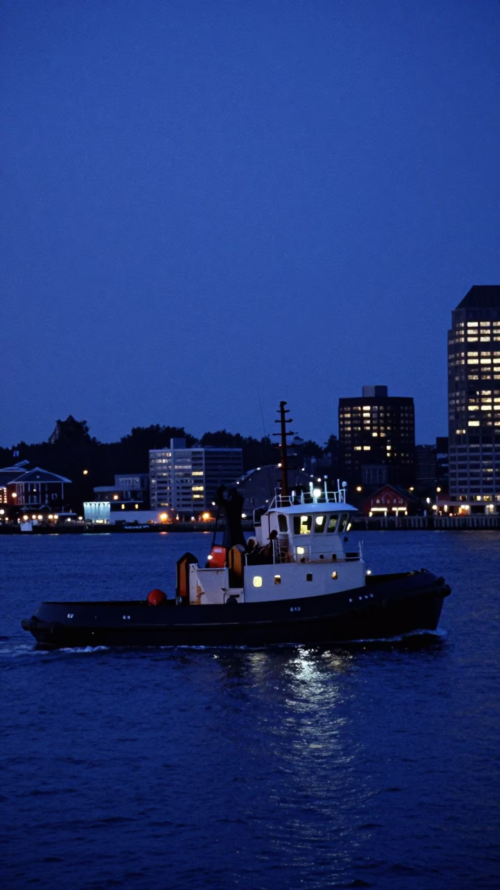 Predawn Halifax Harbor Tugboat Activity and City Lights in in Halifax, Nova Scotia, Canada
