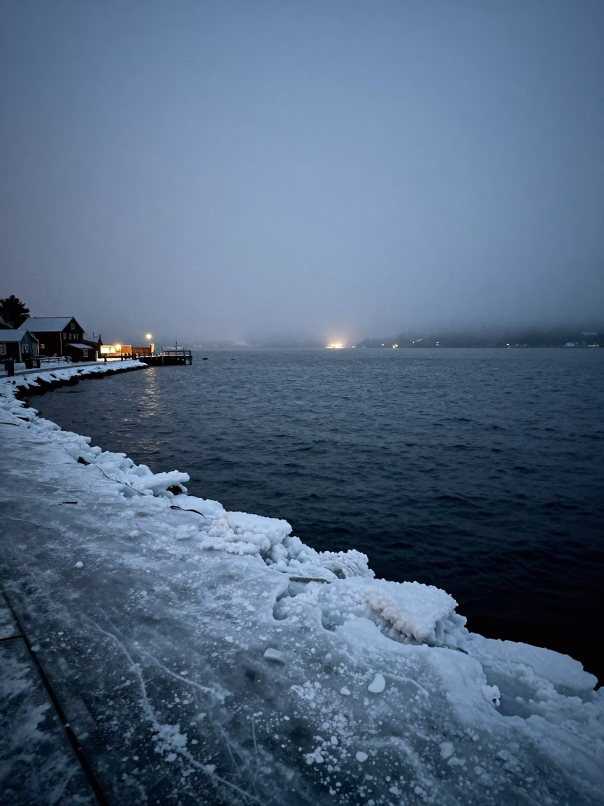 Predawn Halifax Nova Scotia Harbor Fog and Ice Crust on Waterfront Promenade in in Halifax, Nova Scotia, Canada
