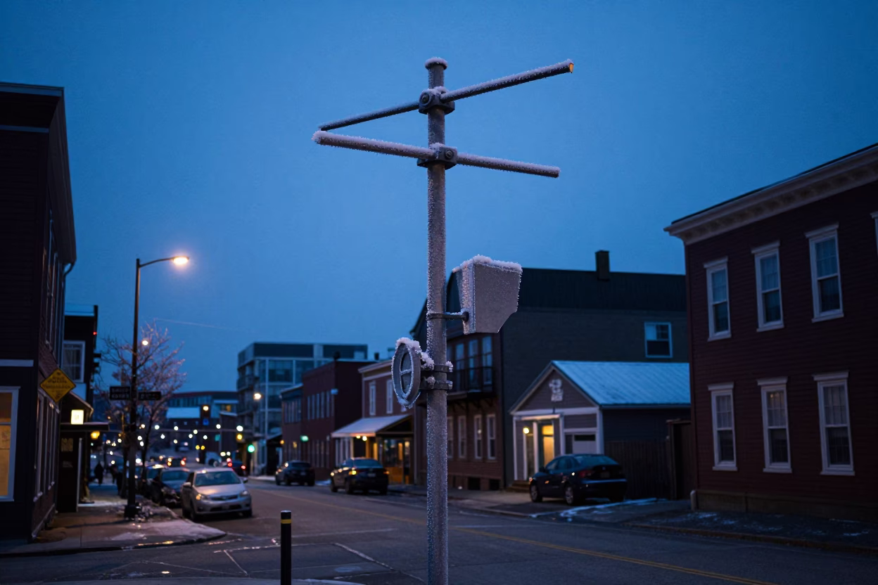 Predawn Halifax Nova Scotia Street Scene with Iced Weather Station Mast and Wooden Crate in in Halifax, Nova Scotia, Canada