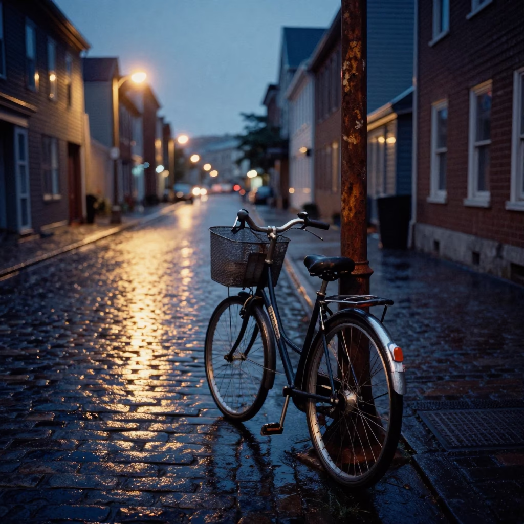 Predawn Halifax Street Scene with Bicycle Basket and Turnbuckle Details in in Halifax, Nova Scotia, Canada