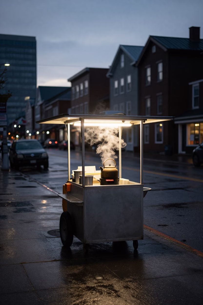 Predawn Halifax Street Scene with Kettle Steam and Urban Reflections in in Halifax, Nova Scotia, Canada