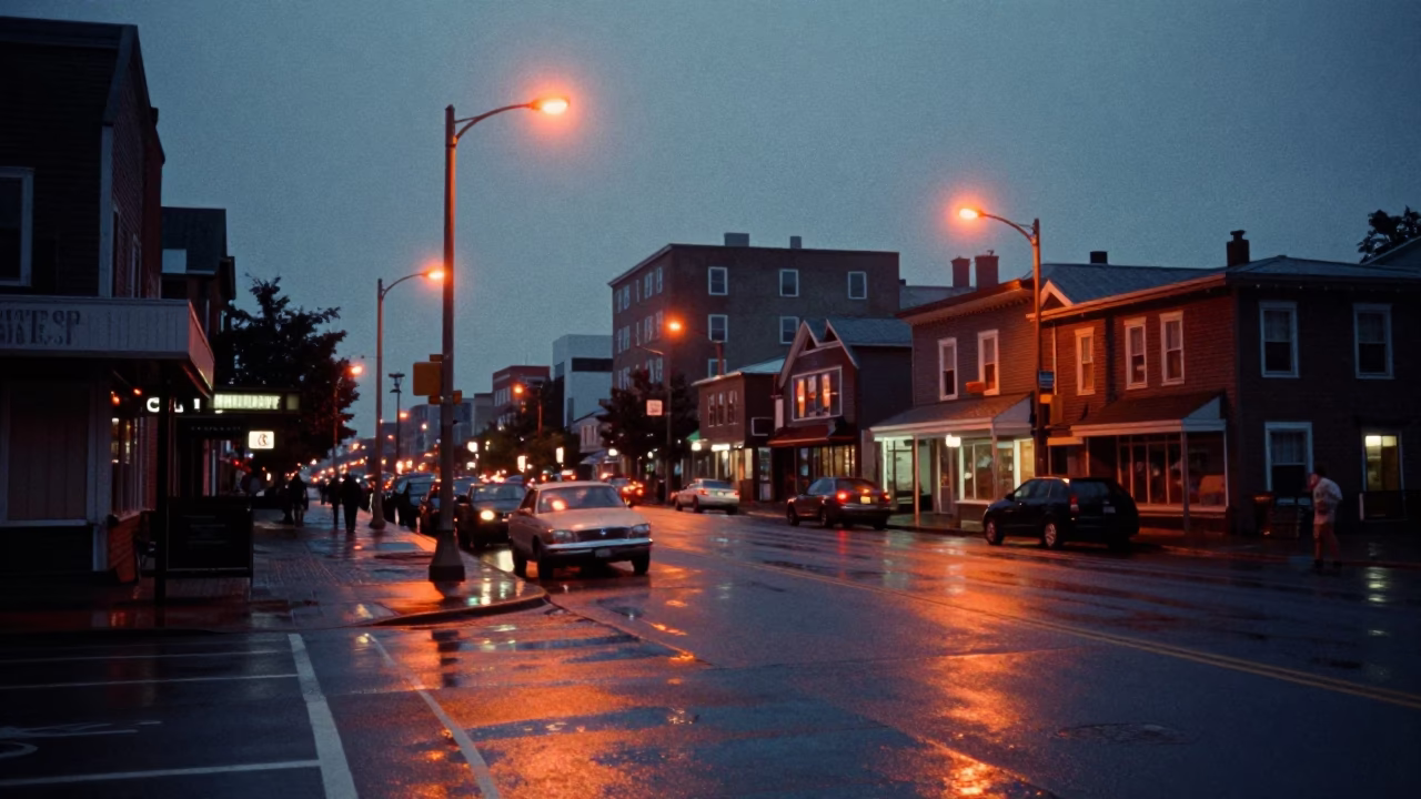 Predawn Halifax Street Scene with Wet Asphalt and Early Morning Activity in in Halifax, Nova Scotia, Canada