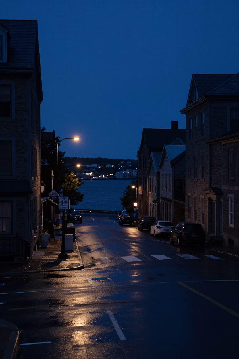 Predawn Halifax Street Scene with Wet Pavement and Distant City Lights in in Halifax, Nova Scotia, Canada