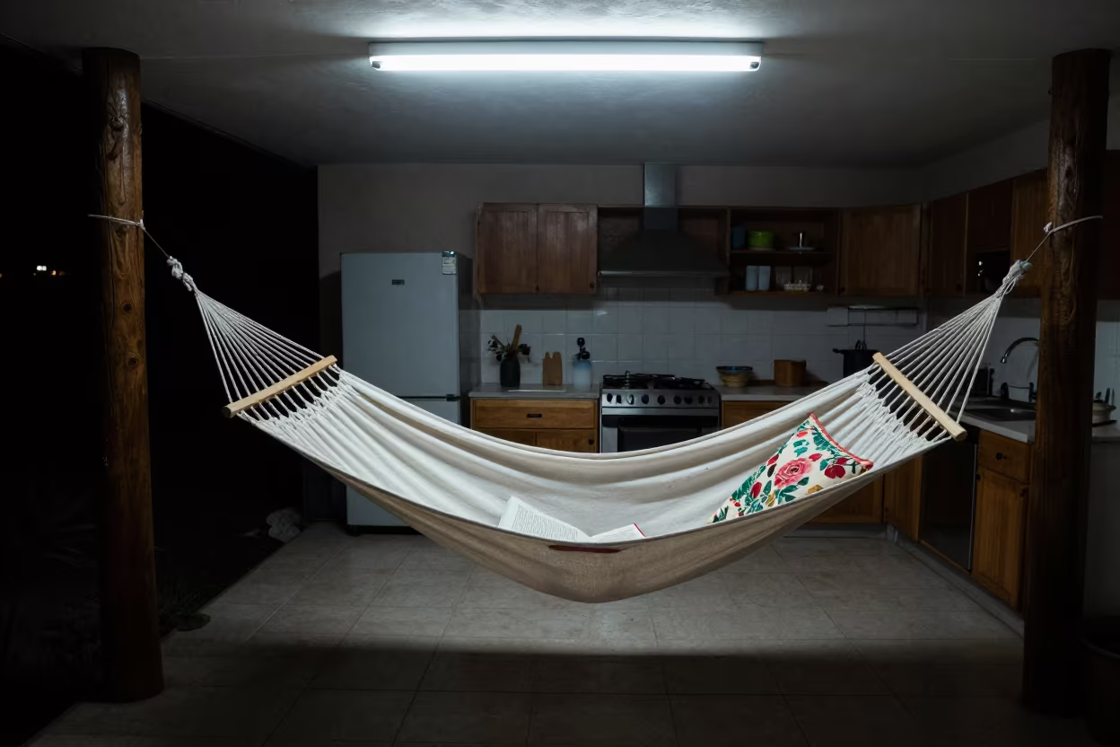 Predawn Hammock Kitchen Zapopan Fluorescent Light in in a cozy kitchen in Zapopan